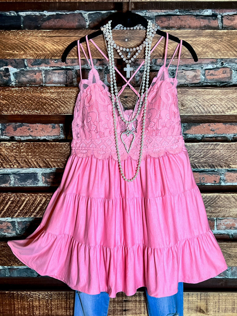 SWEET PASSION LACE BRALETTE TIERED CAMI TOP IN LIGHT PINK