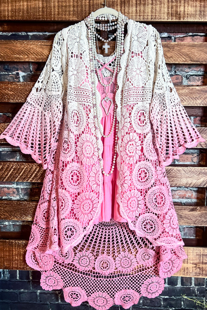 MADE TO PERFECTION CROCHET CARDIGAN IN NATURAL & PINK TONES
