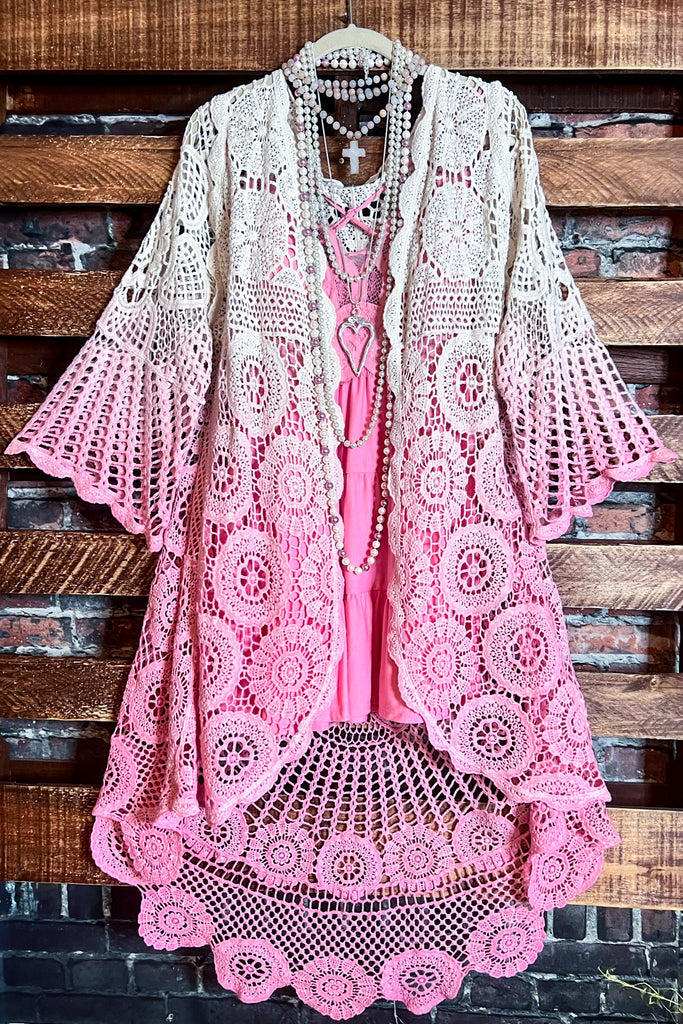 MADE TO PERFECTION CROCHET CARDIGAN IN NATURAL & PINK TONES
