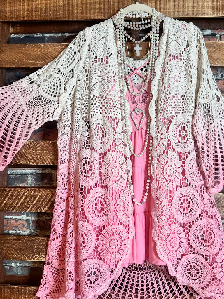 MADE TO PERFECTION CROCHET CARDIGAN IN NATURAL & PINK TONES