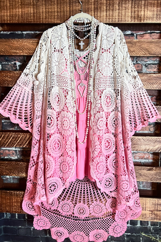 MADE TO PERFECTION CROCHET CARDIGAN IN NATURAL & PINK TONES