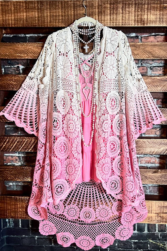MADE TO PERFECTION CROCHET CARDIGAN IN NATURAL & PINK TONES