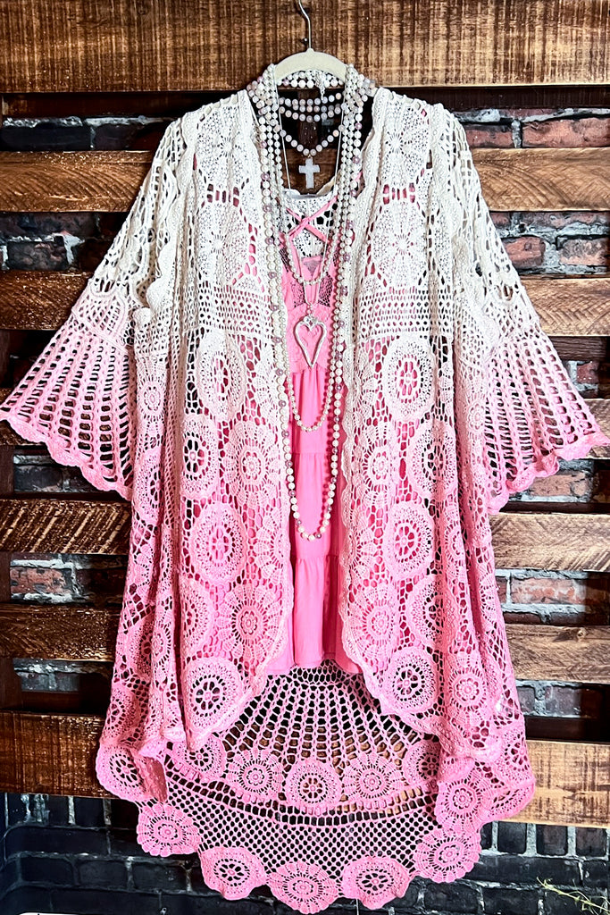 MADE TO PERFECTION CROCHET CARDIGAN IN NATURAL & PINK TONES