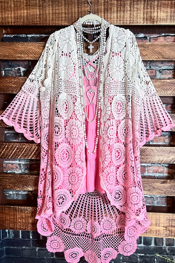 MADE TO PERFECTION CROCHET CARDIGAN IN NATURAL & PINK TONES