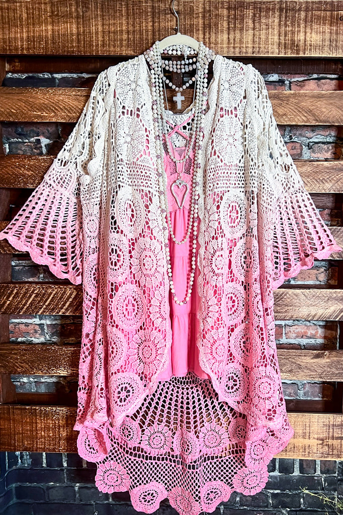 MADE TO PERFECTION CROCHET CARDIGAN IN NATURAL & PINK TONES