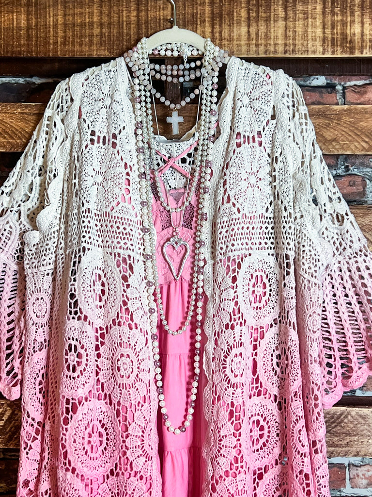 MADE TO PERFECTION CROCHET CARDIGAN IN NATURAL & PINK TONES
