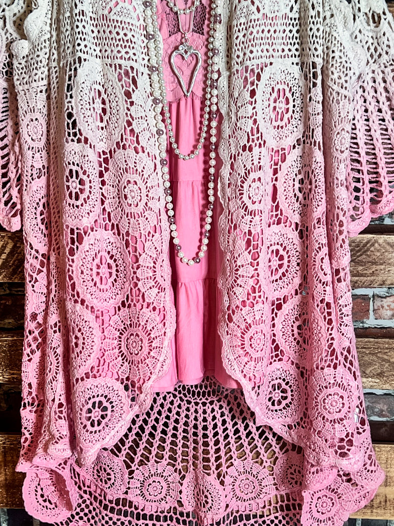 MADE TO PERFECTION CROCHET CARDIGAN IN NATURAL & PINK TONES