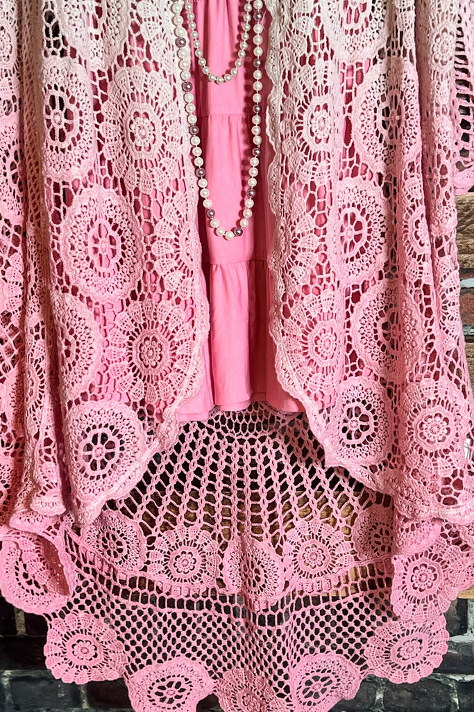 MADE TO PERFECTION CROCHET CARDIGAN IN NATURAL & PINK TONES