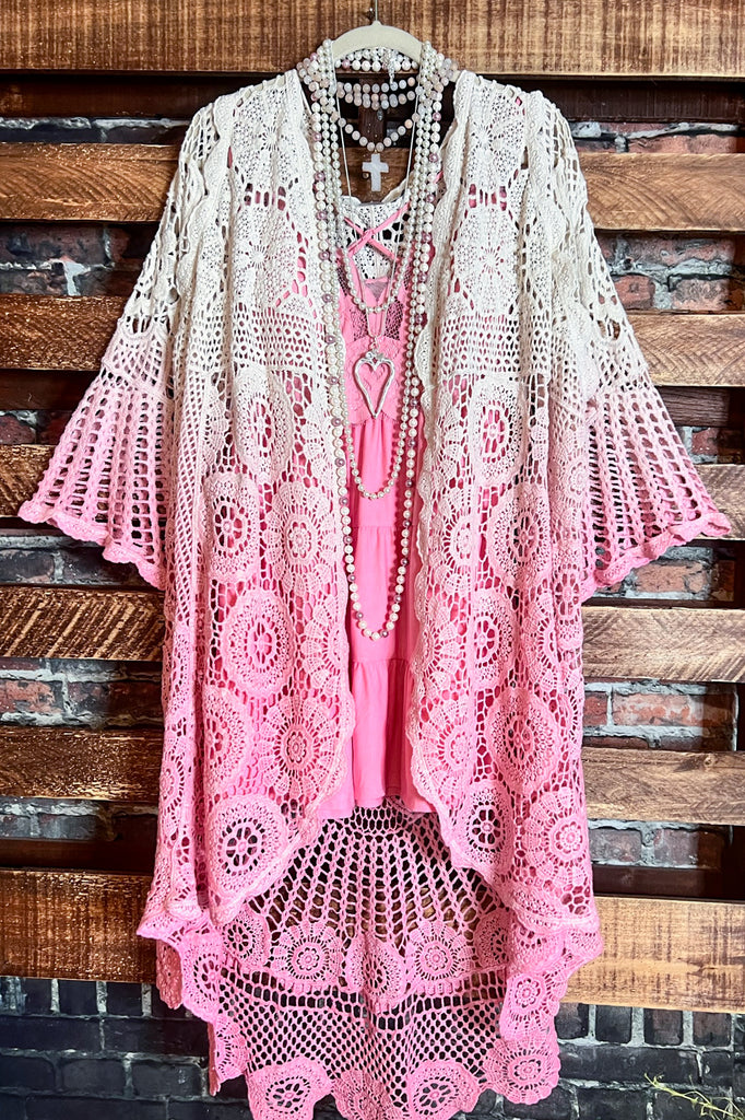 MADE TO PERFECTION CROCHET CARDIGAN IN NATURAL & PINK TONES