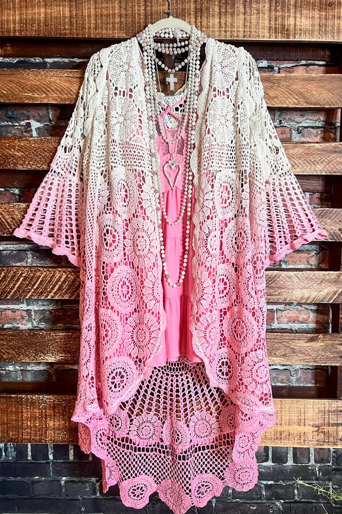 MADE TO PERFECTION CROCHET CARDIGAN IN NATURAL & PINK TONES