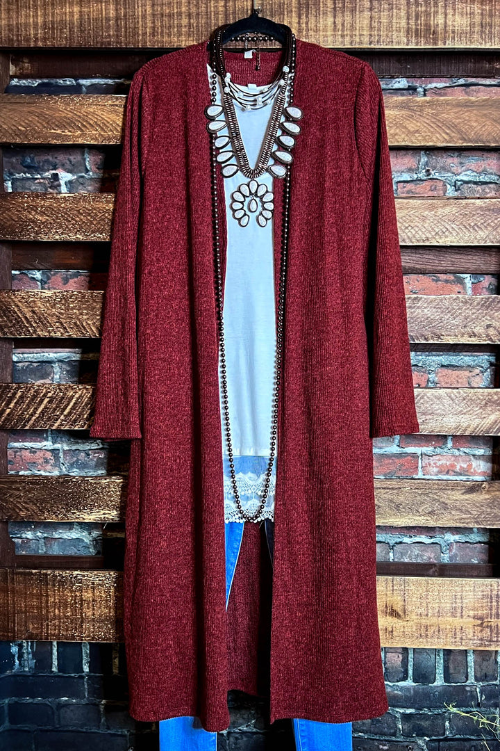 16-18 SIZE - ALL FOR THE BEST COZY COMFY MAXI CARDIGAN IN RUST----------SALE