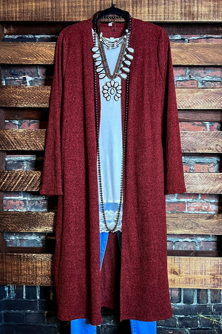 16-18 SIZE - ALL FOR THE BEST COZY COMFY MAXI CARDIGAN IN RUST----------SALE