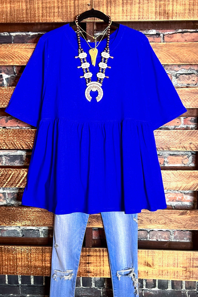 LET'S GO TO TOWN 100 % COTTON BABYDOLL TOP BABYDOLL IN ROYAL BLUE