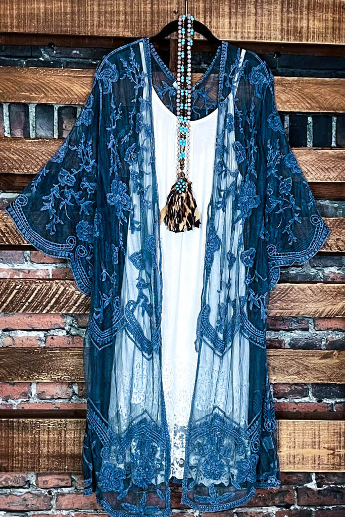 BLISSFUL ROMANCE LACE DUSTER CARDIGAN IN TEAL