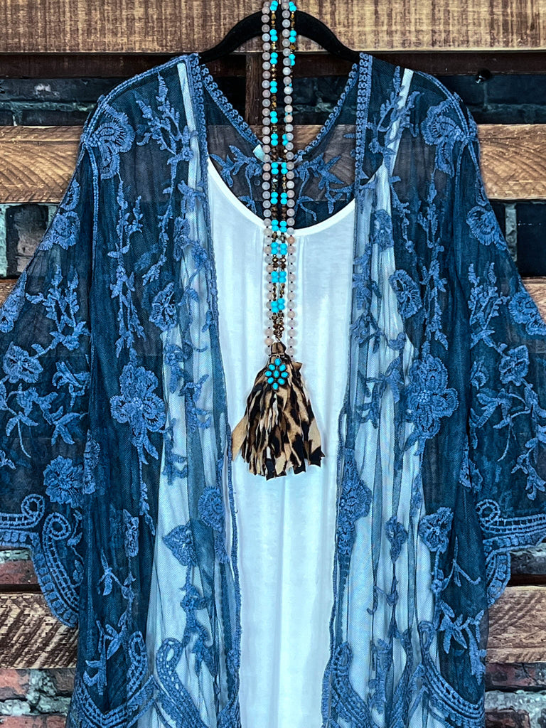 BLISSFUL ROMANCE LACE DUSTER CARDIGAN IN TEAL