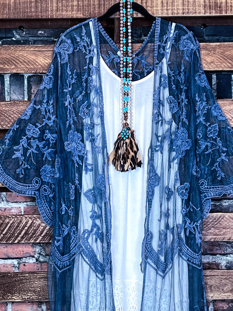 BLISSFUL ROMANCE LACE DUSTER CARDIGAN IN TEAL