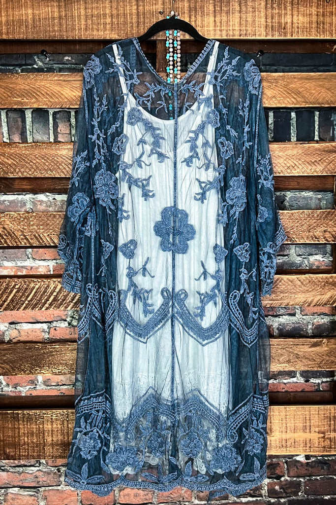 BLISSFUL ROMANCE LACE DUSTER CARDIGAN IN TEAL