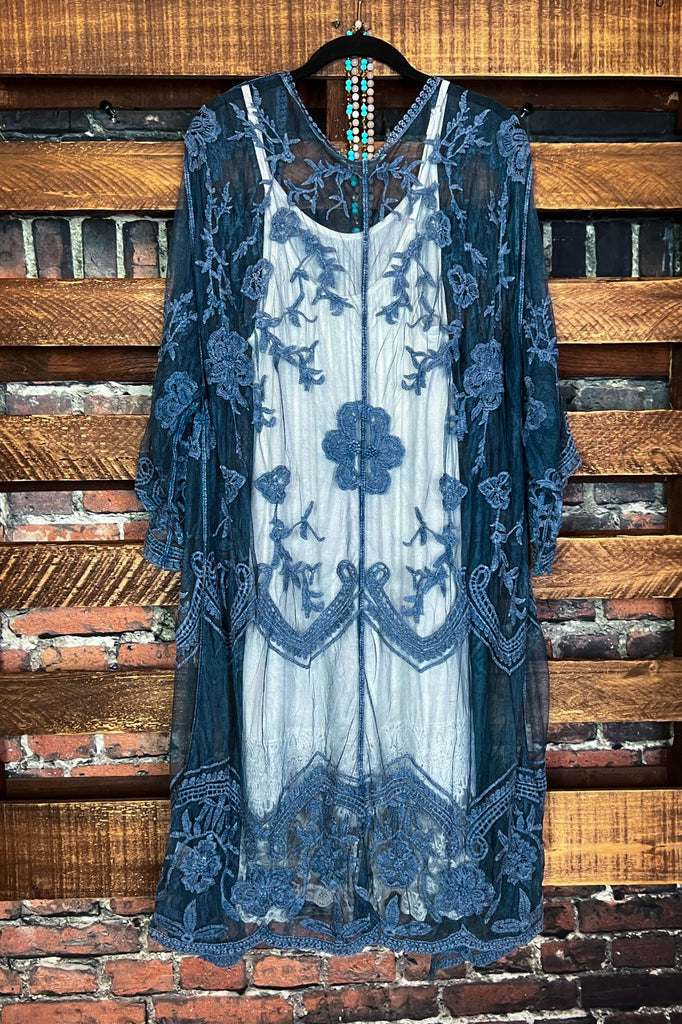 BLISSFUL ROMANCE LACE DUSTER CARDIGAN IN TEAL