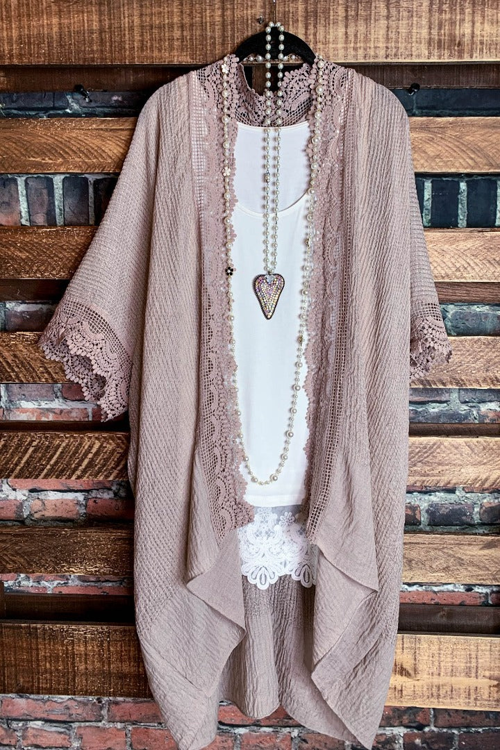 MATTERS OF THE HEART LACE CARDIGAN KIMONO DUSTY MOCHA