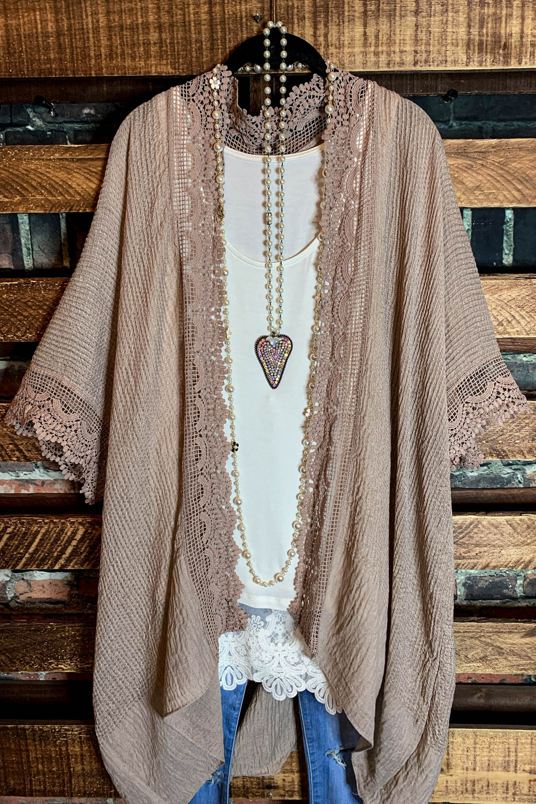 MATTERS OF THE HEART LACE CARDIGAN KIMONO DUSTY MOCHA
