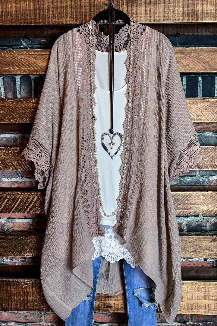 MATTERS OF THE HEART LACE CARDIGAN KIMONO DUSTY MOCHA