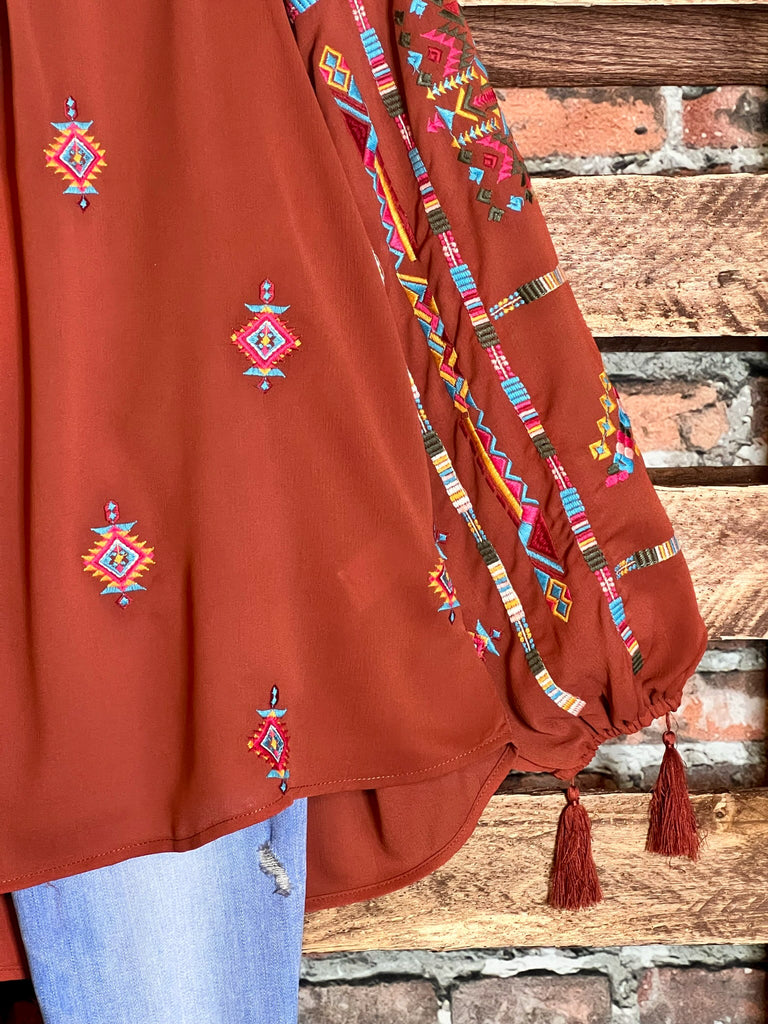 CHASING DREAMS PRETTY EMBROIDERED TOP IN RUST