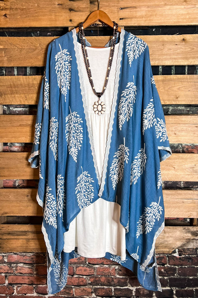 BLUE MOON BOHO PARADISE EMBROIDERED KIMONO PACIFIC BLUE