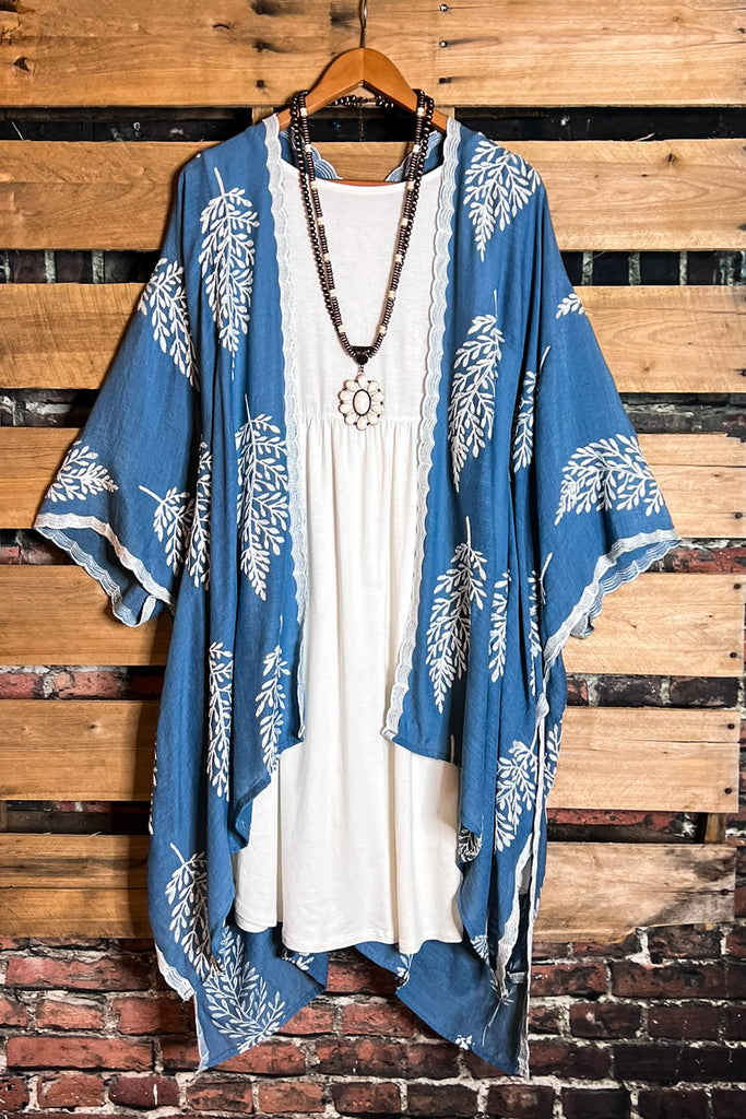 BLUE MOON BOHO PARADISE EMBROIDERED KIMONO PACIFIC BLUE
