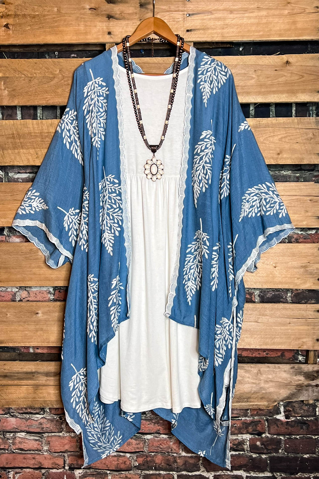 Blue Gardens Boho Blue Denim Embroidered Kimono Duster