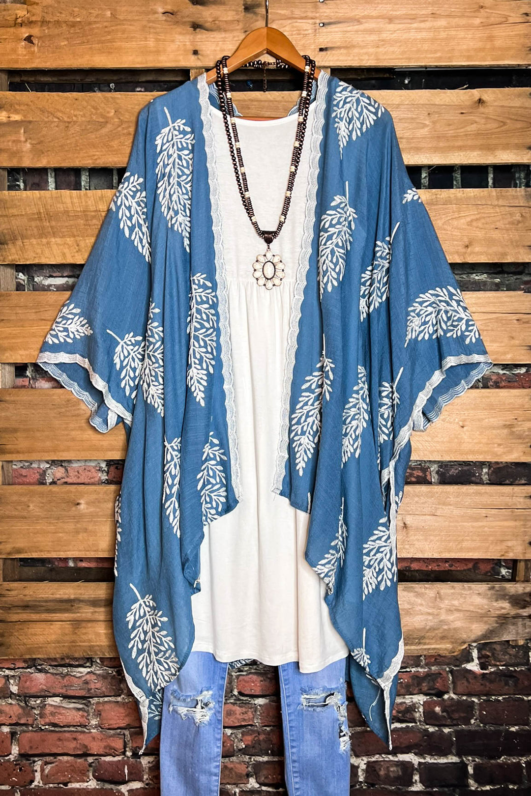 Blue Gardens Boho Blue Denim Embroidered Kimono Duster
