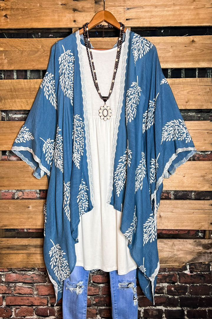 Blue Gardens Boho Blue Denim Embroidered Kimono Duster