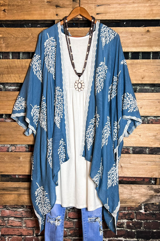 BLUE MOON BOHO PARADISE EMBROIDERED KIMONO PACIFIC BLUE