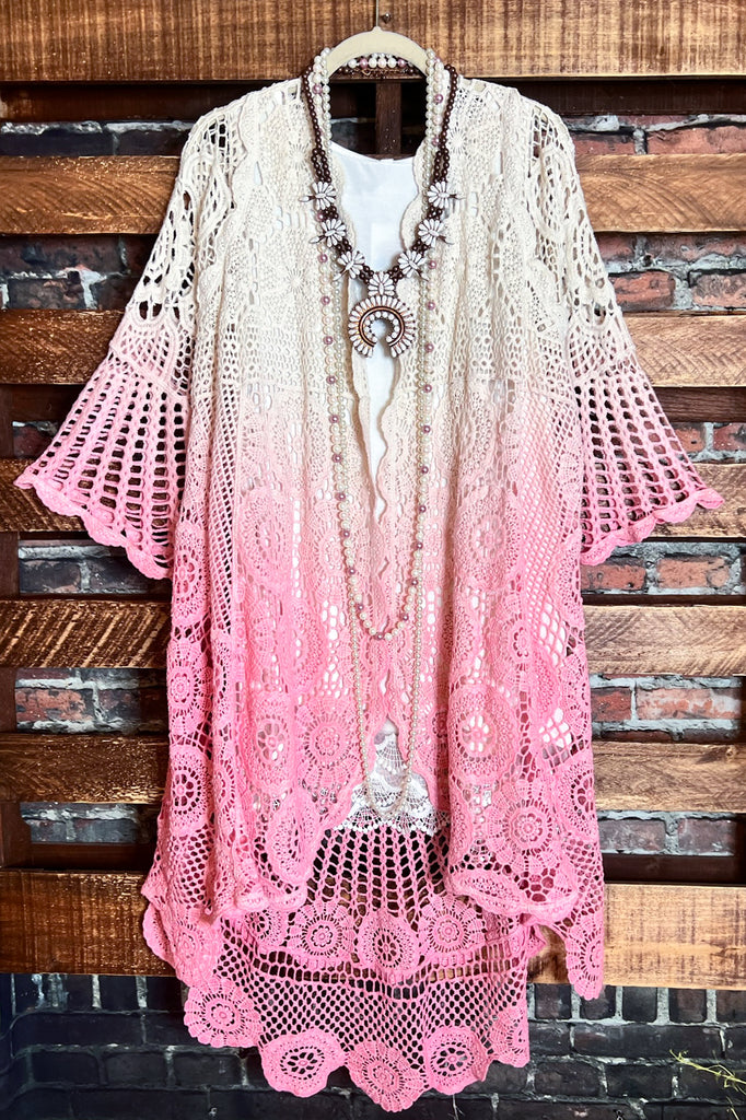 MADE TO PERFECTION CROCHET CARDIGAN IN NATURAL & PINK TONES