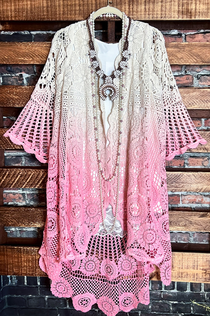 MADE TO PERFECTION CROCHET CARDIGAN IN NATURAL & PINK TONES