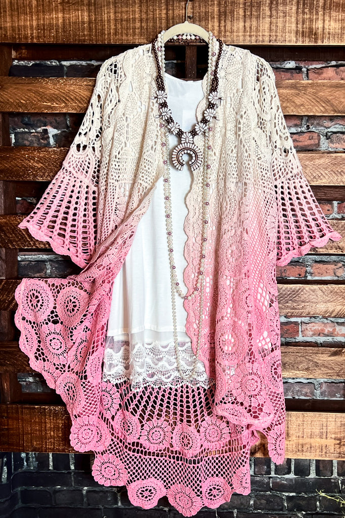 MADE TO PERFECTION CROCHET CARDIGAN IN NATURAL & PINK TONES