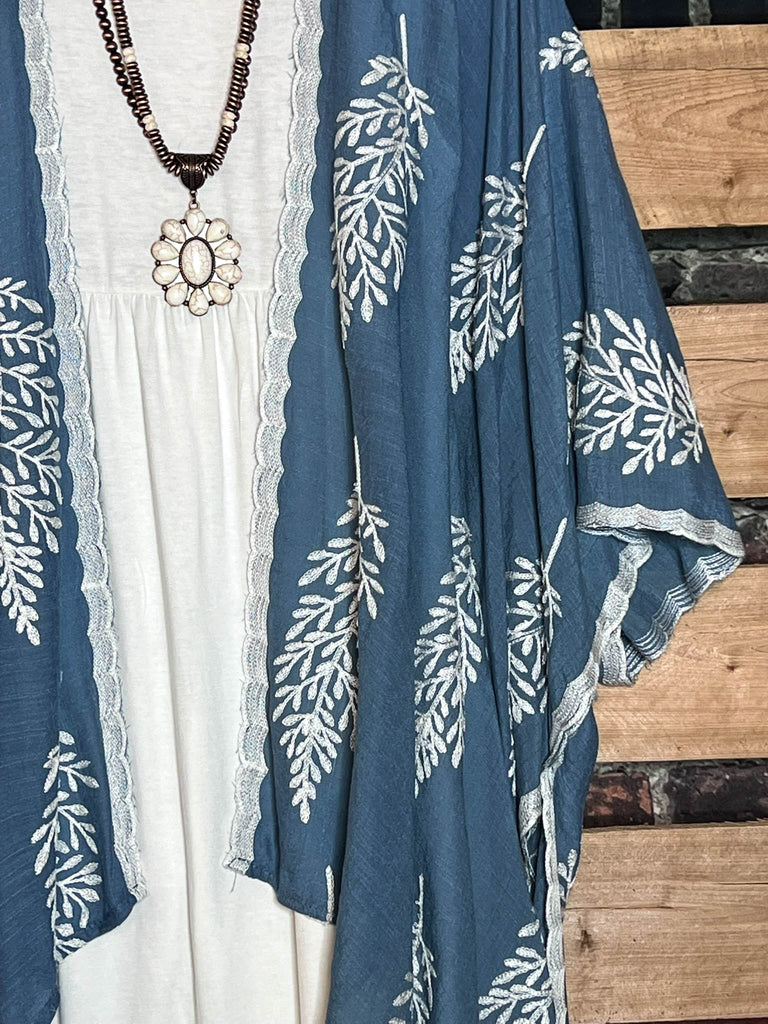 BLUE MOON BOHO PARADISE EMBROIDERED KIMONO PACIFIC BLUE