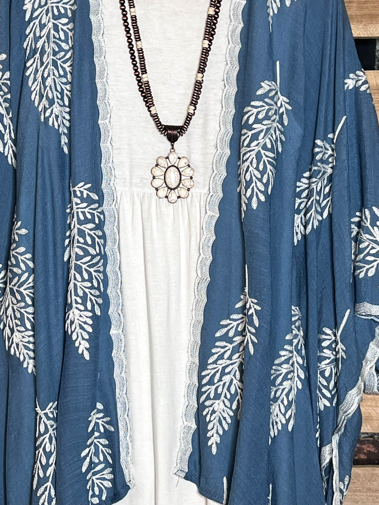 BLUE MOON BOHO PARADISE EMBROIDERED KIMONO PACIFIC BLUE