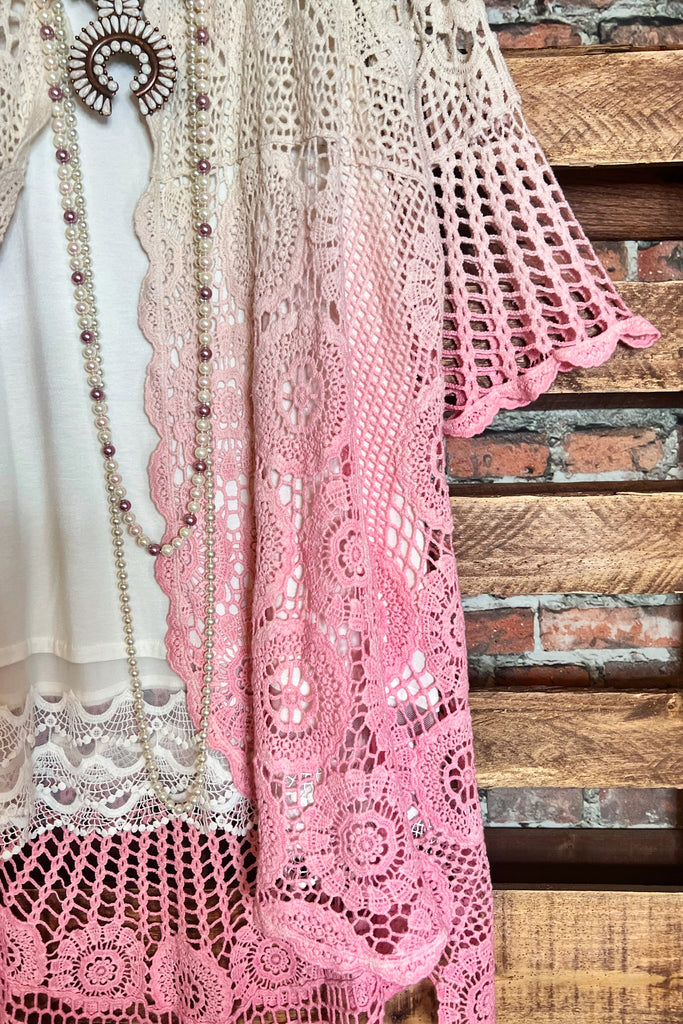 MADE TO PERFECTION CROCHET CARDIGAN IN NATURAL & PINK TONES