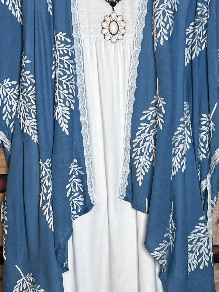 SEA BREEZE ESCAPE RESORT BLUE BOHO EMBROIDERED KIMONO