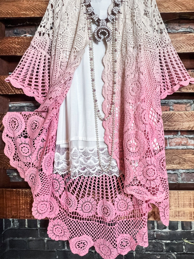 MADE TO PERFECTION CROCHET CARDIGAN IN NATURAL & PINK TONES