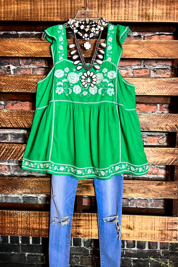 LIVE IN HARMONY KELLY GREEN EMBROIDERED TOP
