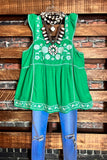 LIVE IN HARMONY KELLY GREEN EMBROIDERED TOP