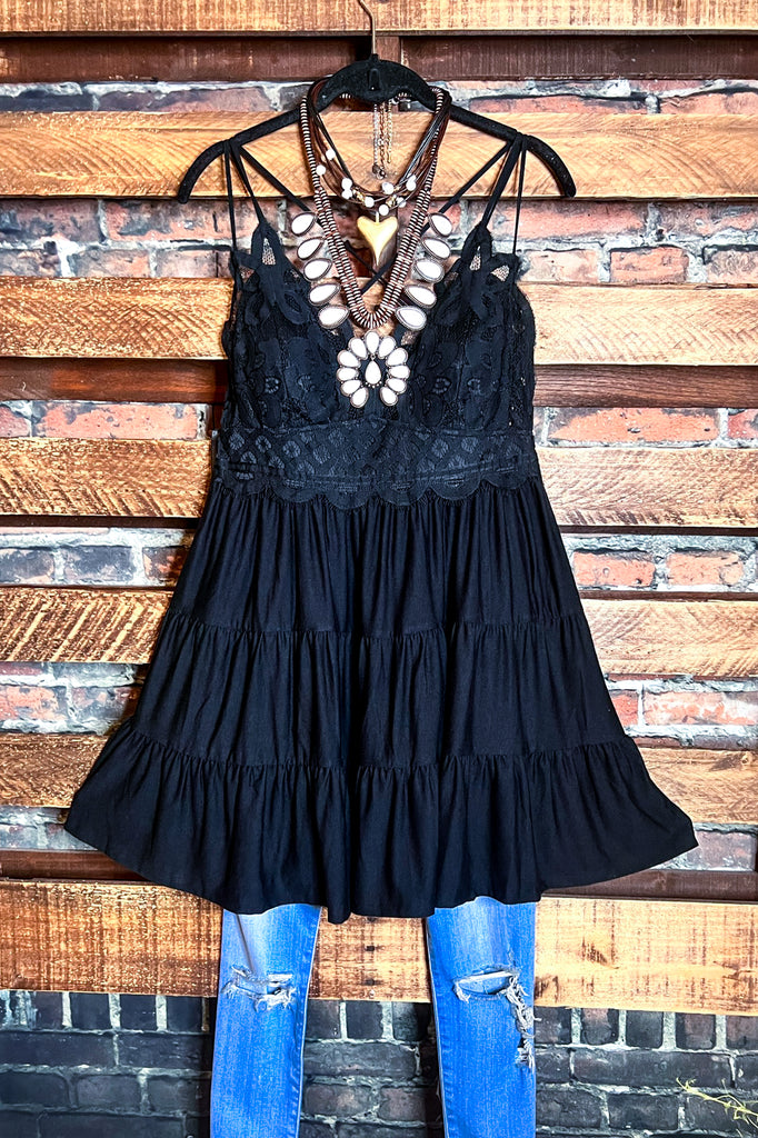 SWEET PASSION LACE BRALETTE TIERED CAMI TOP IN BLACK