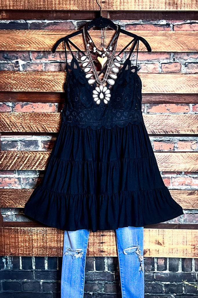 SWEET PASSION LACE BRALETTE TIERED CAMI TOP IN BLACK
