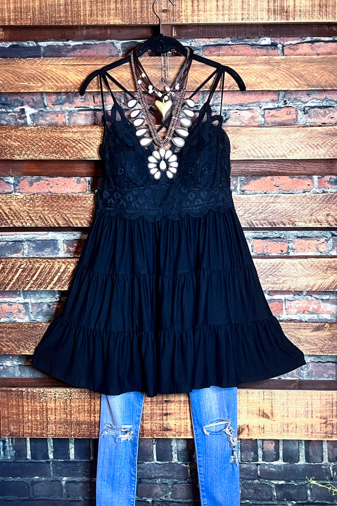 SWEET PASSION LACE BRALETTE TIERED CAMI TOP IN BLACK