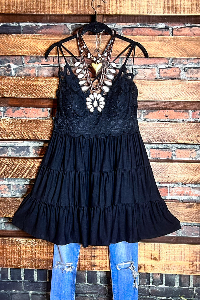 SWEET PASSION LACE BRALETTE TIERED CAMI TOP IN BLACK