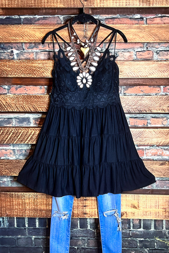 SWEET PASSION LACE BRALETTE TIERED CAMI TOP IN BLACK