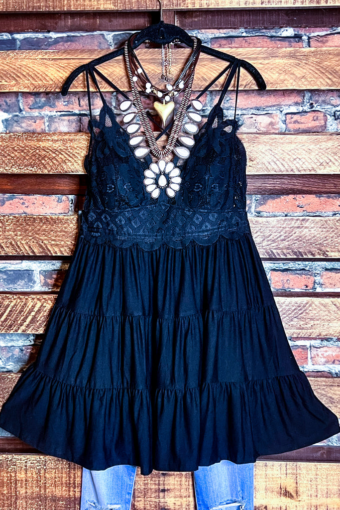 SWEET PASSION LACE BRALETTE TIERED CAMI TOP IN BLACK