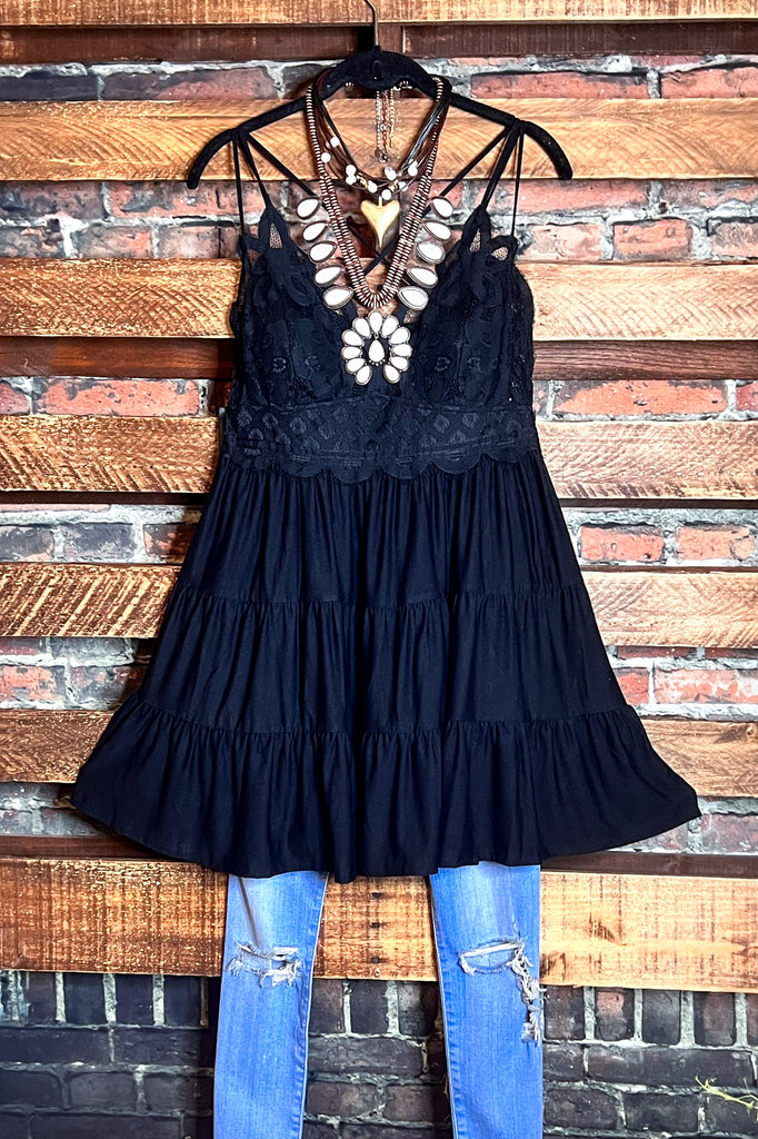 SWEET PASSION LACE BRALETTE TIERED CAMI TOP IN BLACK