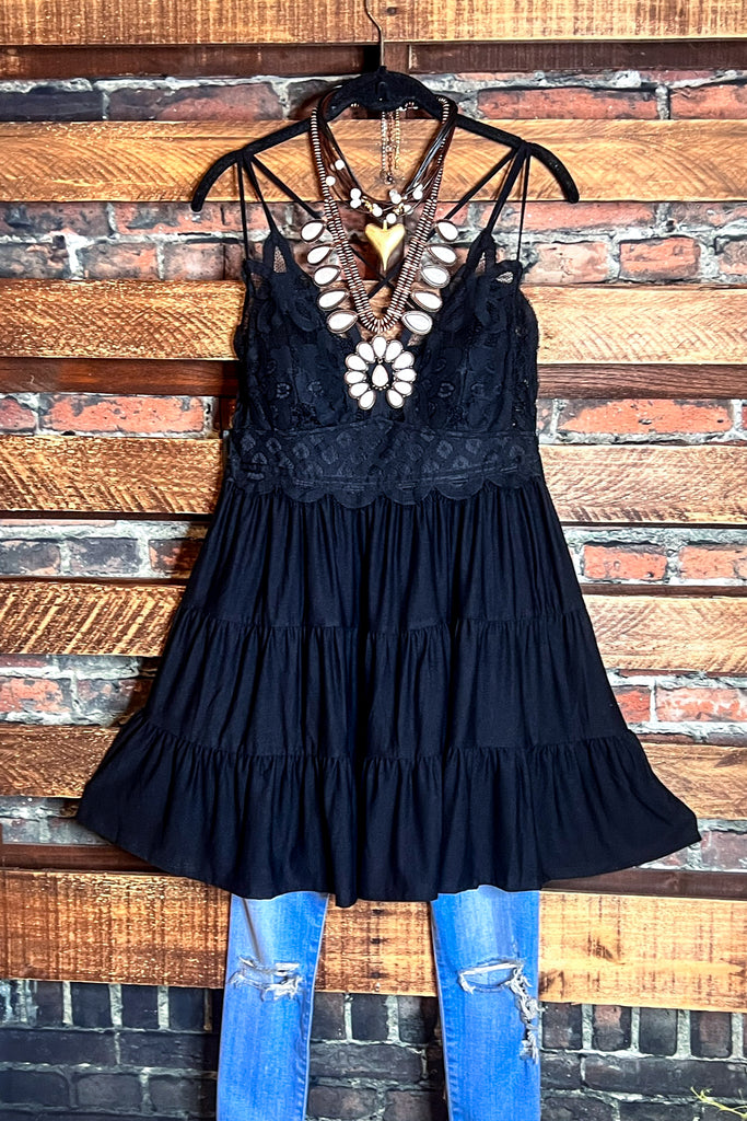 SWEET PASSION LACE BRALETTE TIERED CAMI TOP IN BLACK